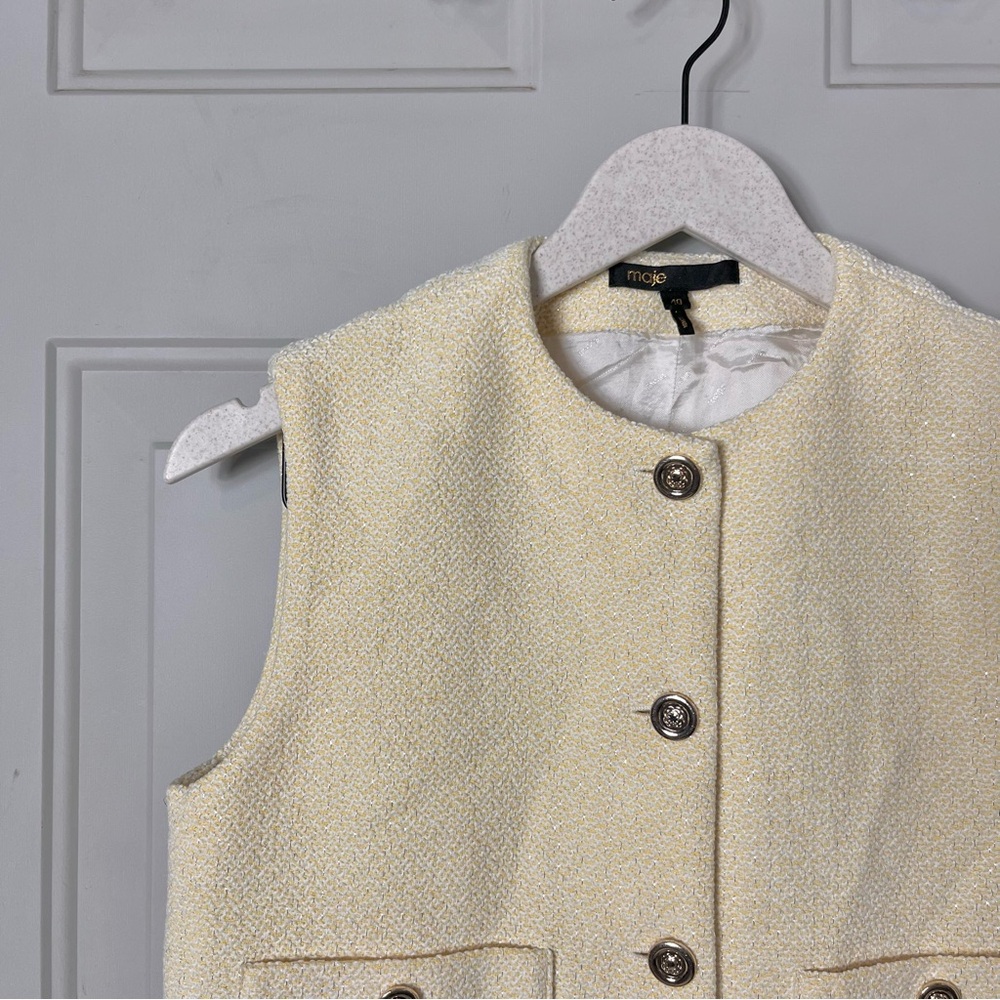 Maje Glitter Tweed Cropped Sleeveless Jacket Pale Yellow size 40 / large - Picture 3 of 7